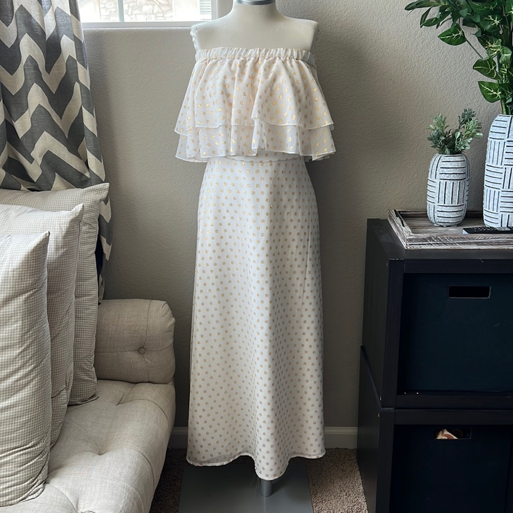 Eloquii Cream Midi Dress with Gold Polka Dots